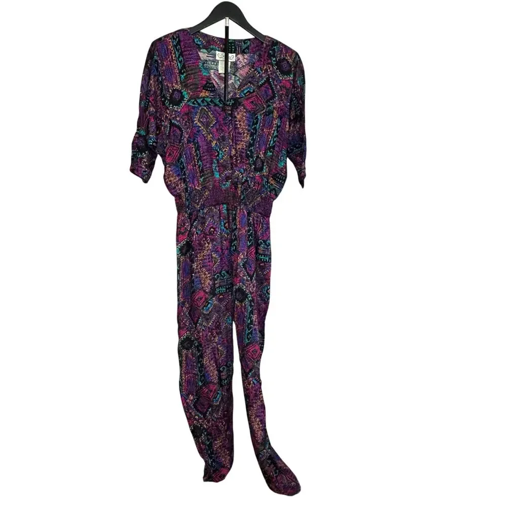 VTG En Focus Geometric Jumpsuit Purple L Rayon Southwestern Boho 90s USA Made